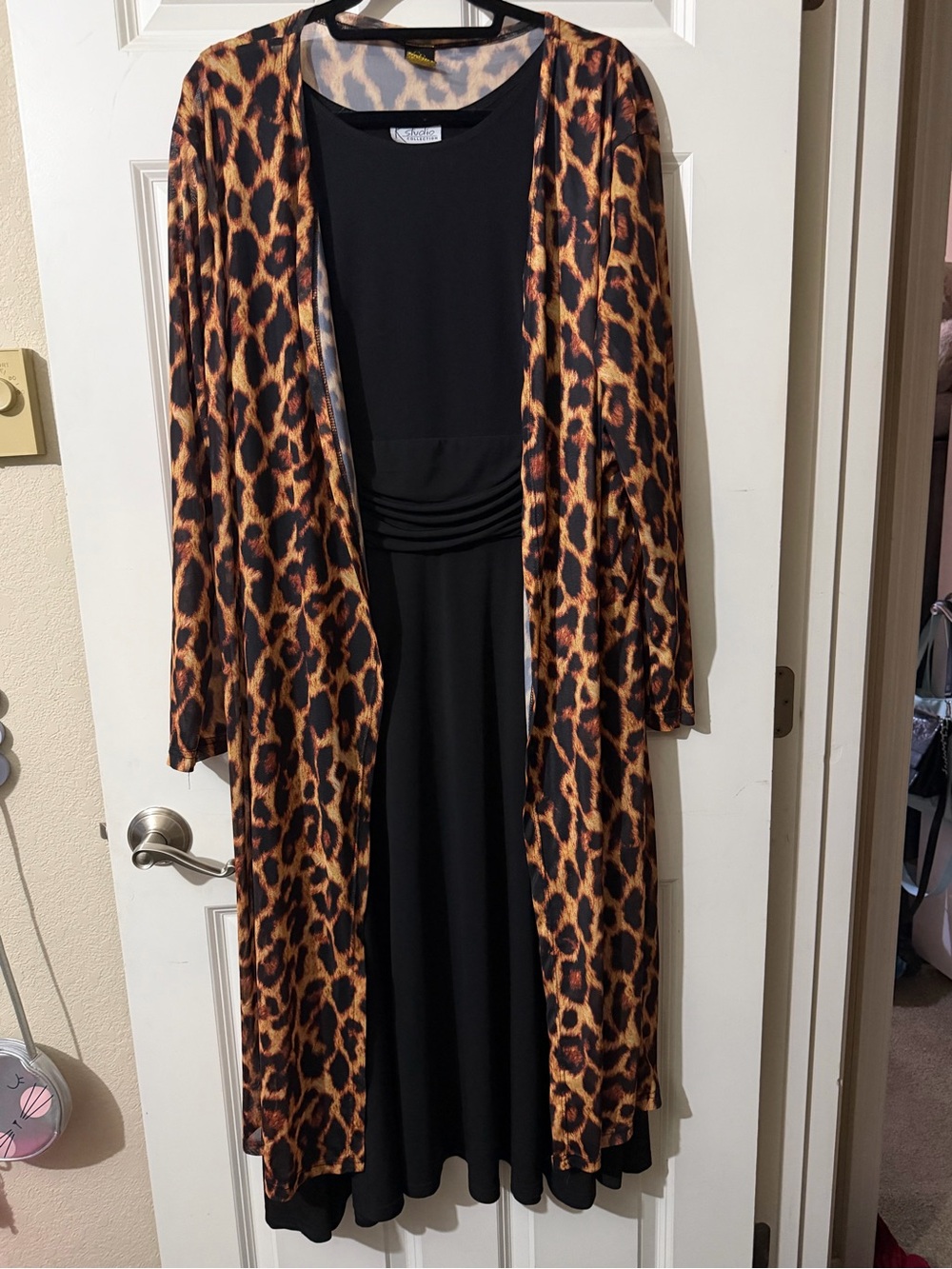 Leopard Print Duster Over Black Maxi Dress